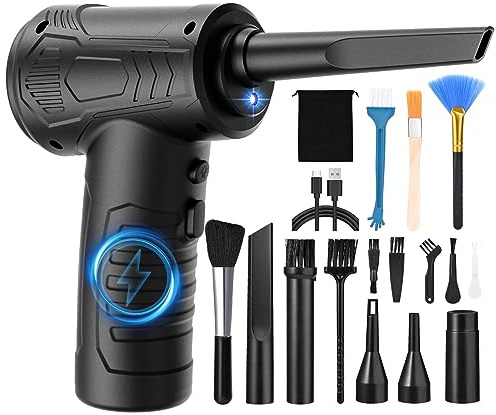 Faburo Ventola di polvere elettrica a 3 marce 51000 giri/min Compressed Air Duster per PC da 7600 mAh, spray ad aria compressa con luce LED e ricarica rapida USB per auto, divano, apparecchiature da