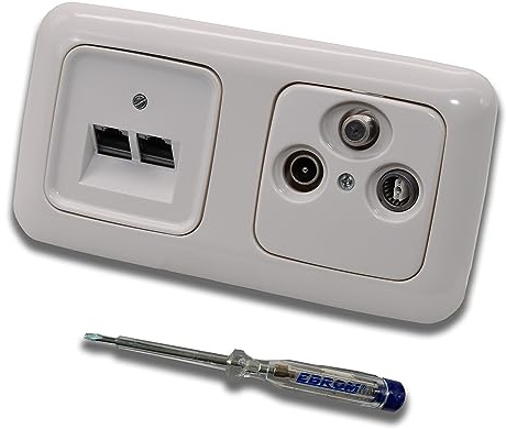 Busch Jäger, Rutenbeck Unterputz Netzwerkdose 10 Gigabit/S (10GbE) KAT6A 6A 2xRJ45 Anschluss + WISI TV SAT RADIO 3-Loch Dose im BJ ReflexSi alpinweiß Design + EBROM Phasenprüfer z. Montage d. Geräte
