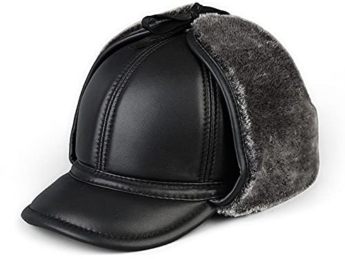 VANGLI Winter-Baseballmützet Ohrenklappen Für Herren, Winddichte Fliegermütze Aus Leder, Für Ältere Menschen Zum Skaten, Skifahren, Camping, Wandern/Black/58-59