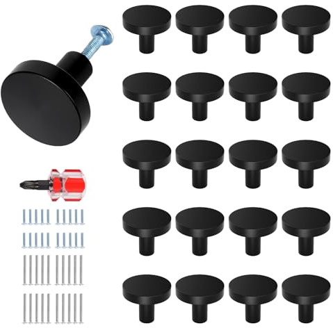 20er Set Schrankknöpfe Metall, mit 20 kurze/ 20 lange Schrauben und Schraubendreher, Möbelknöpfe Schwarze Schubladenknöpfe Modern Runde Knauf für Schrank, Schubladenknöpfe