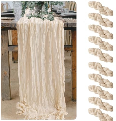 Seihtuch-Tischläufer, rustikaler Gaze-Stoff, rustikaler Boho-Tischläufer, Tischdecke für Hochzeit, Brautparty, Geburtstag, Party, Kuchen, Tischdekoration, 90 x 300 cm, Beige, 10 Packungen