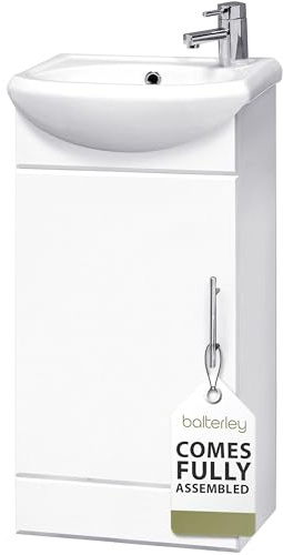 Balterley Vanity Unit with Basin Floor Standing, Soft Close Single Door with Curve Sink and Handle, Bathroom Vanity Units with Basin, Bathroom Sink Storage Cabinet - 400 x 200 x 780mm (White)
