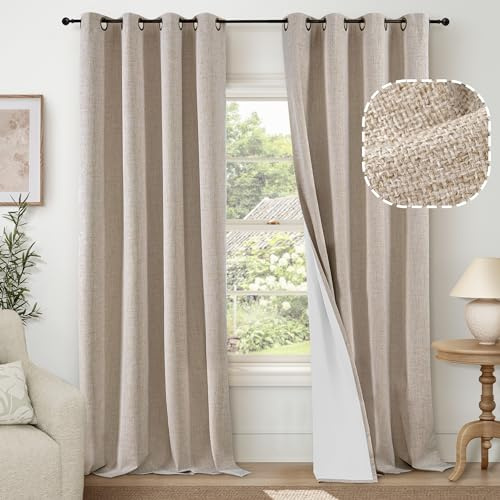 Lajode Beige 100% Blackout Curtains for Living Room 84 Inch Length 2 Panels Set, Thermal Insulated Light Blocking Faux Linen Curtains for Bedroom, Bronze Grommet Boho Window Drape Each 52 Wide