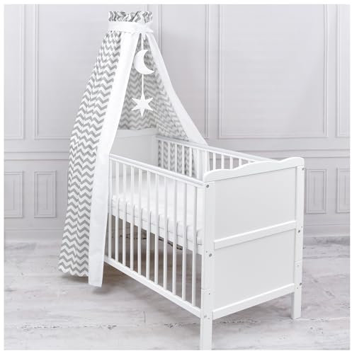 Generisch Baby Delux Babybett Himmel Betthimmel Baumwolle Baldachin für Babybett Kinderbett Wiege Stubenwagen Himmelstange Sterne Mond Applikationen Deko (Zick Zack, mit Himmelstange)