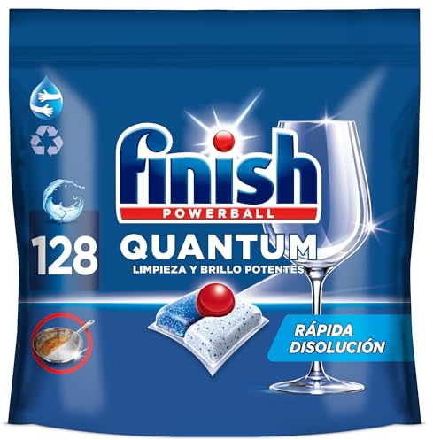 Finish Powerball Quantum Limpieza y Brillo Potentes, Pastillas para lavavajillas, aroma Regular, 128 pastillas
