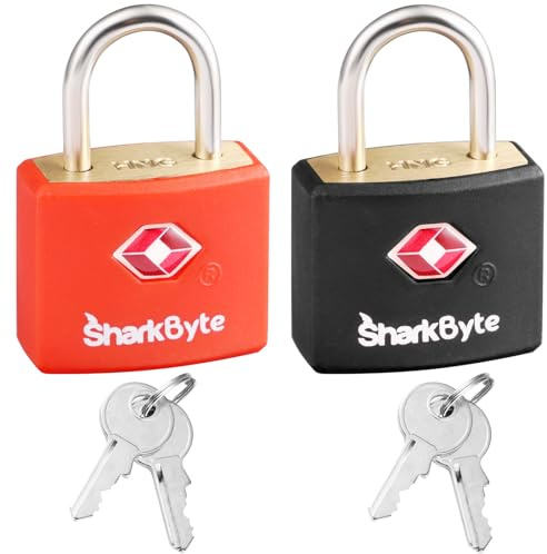 SharkByte TSA Luggage Locks with Keys [2 Pack] Key Travel Locks, Suitcase Padlock for Luggage, Small Keyed Luggage Locks Brass for Gym Lockers, Laptop Bags, Suitcases, Backpacks, Travel Bags Zippers