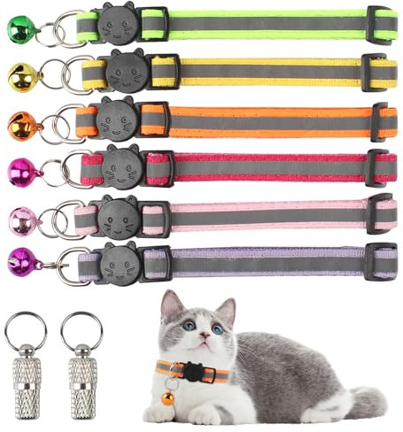 6 Reflektierend Katze Halsband, Katzen Halsbände mit Glöckchen, Verstellbar Kitten Halsbands, Katzenhalsband Selbstöffnend, Sicherheitshalsband Katzemit Namen Adresse, Halsband Kat für Außen Innen