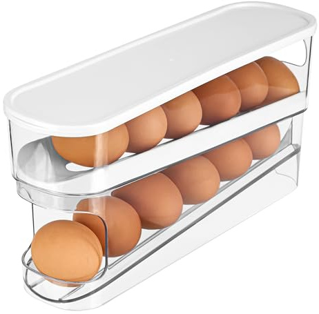 Belle Vous 2-Ebenen Automatischer Eierspender - Eier Aufbewahrung Kühlschrank - Platzsparender Eierhalter Kühlschrank - Eierbox zum Herunterrollen - Eierbehälter
