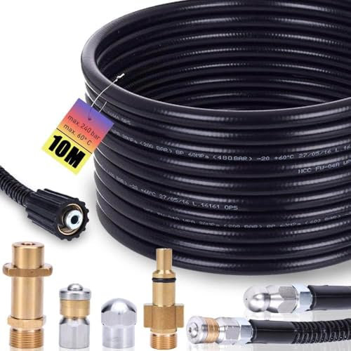 Set tubo flessibile per pulizia condotte 10m, 240 bar con adattatore M22, ugelli fissi + rotanti per K2, K3, K4, K5, K6, K7 & Lavor idropulitrici - Set universale di tubi flessibili per pulizia