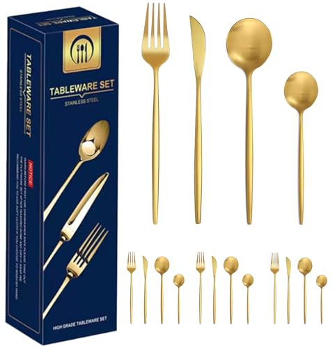 HQILRRA Couverts de table pour 4 personnes, 16 pièces couverts or mat, couverts inox, set couverts de table avec couteau, fourchette, cuillère, Polissage de surface, va au lave-vaisselle