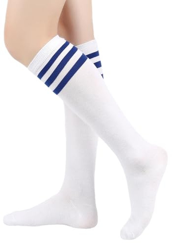 AWAVM Calcetines altos hasta la rodilla, calcetines casuales hasta el muslo, calcetines blancos y negros a rayas, 3 medias de tubo largo a rayas para mujeres y niñas, uso diario, azul, One Size