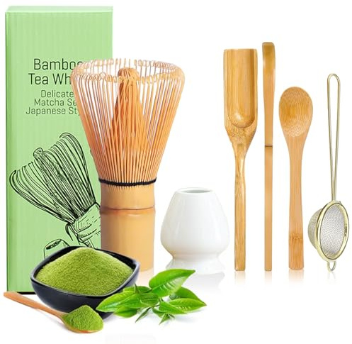 YSOOUA Matcha Schneebesen Matcha Besen 6er-Set Japanisches Zubehör für die Matcha-Zeremonie mit Matcha Löffel,Traditioneller Schöpflöffel, Teelöffel, Teesieb,Teepinselhalter aus Keramik (weiß)