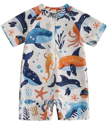 Nicoxijia Toddler Baby Boy Shark Swimsuit Sun Protection Short Sleeve Bathing Suit Summer One Piece Zip Up Rash Guard Swimwear (Khaki, 2-3 Years)