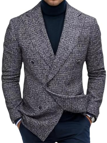 SANSIWU Men's Herringbone Blazer Jacket V-Neck Long Sleeve Two Button-Down Suit Tweed Jacket Fashion Prom Wedding Blazer (Gray, XL)