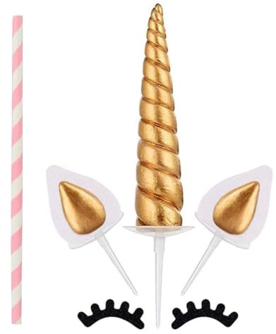 FONGKNOX 5Pcs Unicorn Birthday Cake Topper Handmade Gold Unicorn Cake Decoration Unicorn Horn Ears and Eyelash Cake Decorations for Birthday Party Baby Shower and Wedding