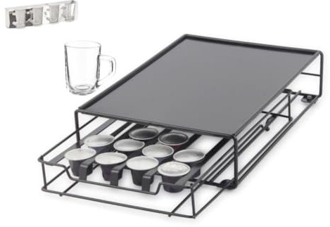 MAGMAHOME Soporte Capsulas nespresso compatible, Organizador Capsulas nespresso, Dispensador Capsulas nespresso de acero color negro 32 pcs, más 4 tazas cristal 80ml de regalo.