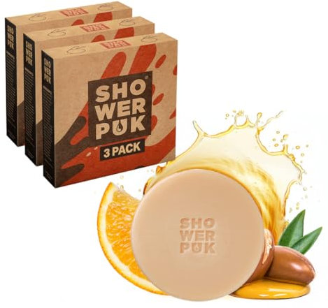 Shower PUK Barretta tutto in uno: shampoo naturale, bagnoschiuma e sapone viso con burro di karité, olio di argan e profumo di agrumi a lunga durata, ecologico, senza plastica, vegano, confezione da 3