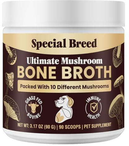 Beef Bone Broth for Dogs - High Protein Powder with Ten Organic Mushrooms & Collagen - Immune, Joint, Digestion & Cognitive Support - Tasty Dog Food Topper - Natural Hydration Booster