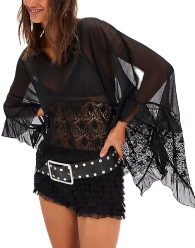 Faymlc - Camicia da Donna con Maniche a Pipistrello, Top Oversize in Pizzo a Contrasto, Trasparente, in Rete, con Ruches, svolazzante, Stile Boho, Nero, XL