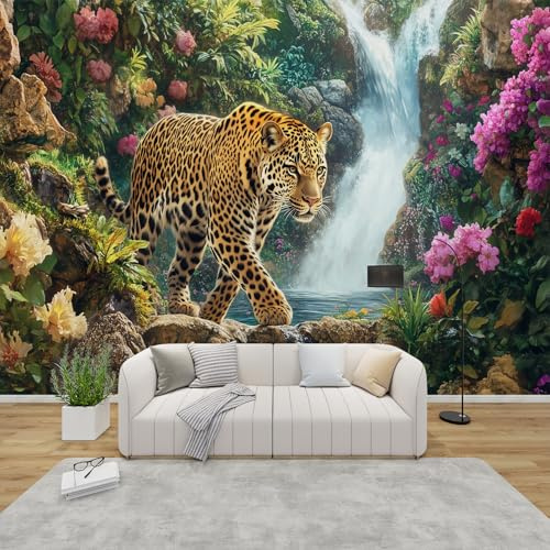 PaxGloz Fototapete Dschungel Leopard Tapete Wasserfall Tropischer Wald Tiere Tapeten Vliestapete Modern Wandtapete Wohnzimmer Schlafzimmer Kinderzimmer Wanddeko Motivtapeten 300 x 210 cm (B x H)