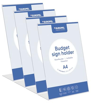 Europel Budget Tischständer, 4er-Pack, L-Ständer, DIN A4 hoch, glasklares Polystyrol 1,5 mm, Menü- und Prospektständer für Restaurants, Hotels, Konferenzen und Empfänge