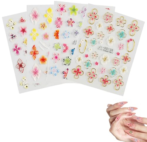 KLINNA 4 Blätter 5D Nagelsticker Blumen, Bunte Selbstklebende Nagelaufkleber für DIY Nail Art, Nagel Sticker als Nageldesign Zubehör, Elegante Fingernägel Dekoration