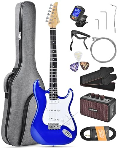 Leo Jaymz Beginner Electric Guitar Complete Kit with Portable Amp, Padded Gig Bag & Full Accessories, Maple Neck SSS Pickups(Royal Blue)