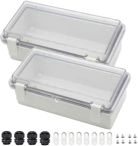 Zulkit Lot de 2 boîtes de jonction en plastique ABS étanche à la poussière IP65 - Boîtier à charnière universel pour projet extérieur - Couvercle transparent avec 2 presse-étoupes - 200 x 100 x 70 mm