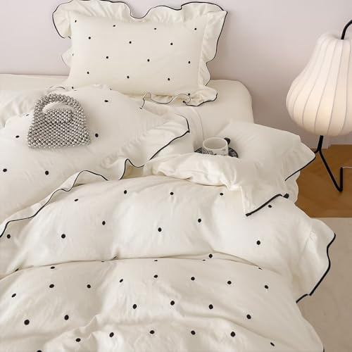 AMZTOP Brushed Washed for Softness Duvet Cover Set 3-Piece,1 Duvet Cover and 2 Pillowcases,King Size Polka Dot Ruffles Bedding Set for Fall Winter,Cute Coquette Comforter Covers 104×90”