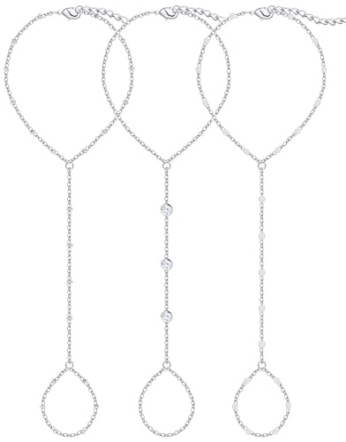 3PCS 14K Silver-Plated Hand Chain Bracelets for Women, Dainty Ring Bracelet Hand Chain