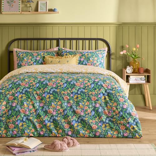furn. Emerie Set Copripiumino – Reversibile Floreale Uccello Facile Manutenzione Giardino Di Campagna Miscela Di Cotone Biancheria Da Letto (Marina – Doppio – 200x200cm)