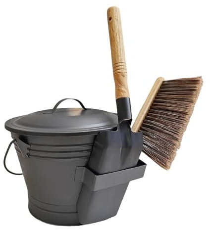 Askhink för – Askbehållare i metall 17,5 x 18 cm 1 410 g | med lock, och kvast | Vedeldad spis för utomhus, inomhusuteplats, användning för fest i