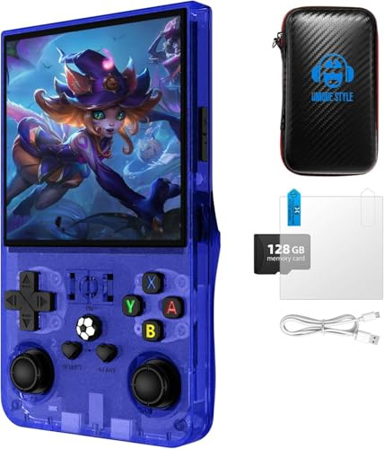 R36MAX Retro Handheld Game Console, Built-in 22000+ Classic Games, 4.0 Inch 720x720 IPS Screen, Open Source Linux System, Handheld Gaming Console with Portable Case (Blue 128GB)