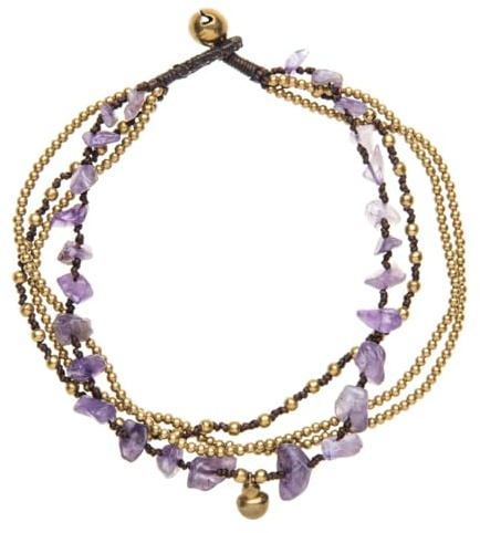 81stgeneration Mehrreihiges Fußkettchen aus Goldfarbenem Messing mit Glöckchen und Amethystperlen | Fußkettchen im Indischen Stil aus Kordel | Fußschmuck für Damen | Fußkettchen mit Edelsteinkugeln