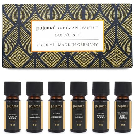pajoma® Duftöl 6x 10 ml Weihnachten Set 2 (Vanille, Bratapfel, Lebkuchen, Winterfrüchte, Adventszauber, Zimt-Orange) Ätherische und Parfümöle | Geschenkidee, für Duftlampe, Aromatherapie oder Diffuser
