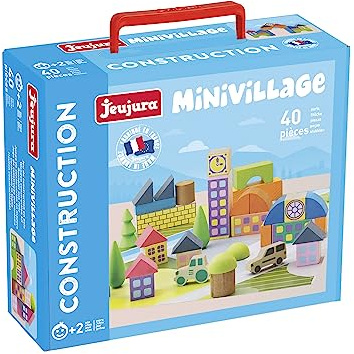 Jeujura - Minivillage 40 Pièces - Jeu de Construction dès 2 Ans - 8256 | Construction enfant - Valisette de rangement - Imagination et équilibre - Fabriqué en France