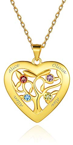 Custom4U Edelstahl/S925 Silber Lebensbaum Namen Halskette mit 2-7 Namen und Geburtsstein，Namenskette Stammbaum zu Gravur Familienkette Mit Geburtsstein Familienbaum Halskette Halskette