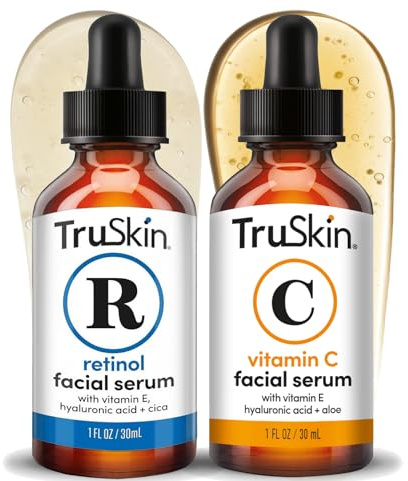 TruSkin Face Serum Duo – Vitamin C Serum & Retinol Serum for Face – AM & PM Anti Aging Skincare Routine – Brightening & Smoothing Facial Serums, 1 fl oz Each