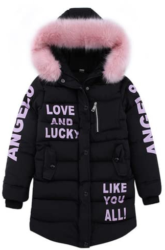 Lengender Abrigo de Plumas Niñas Parka Chaqueta Capucha Largo Abrigo Piel Sintética Caliente Invierno (Negro, 140)