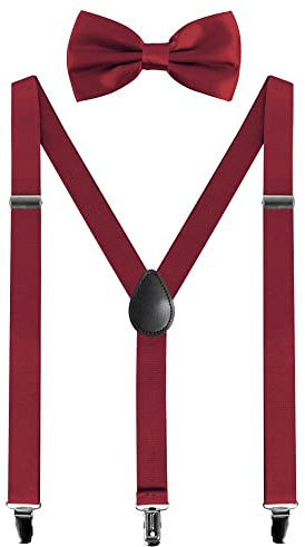 Mens Braces and Bow Tie Set, Suspenders Braces for Men Trousers with 3 Strong Clips, Elastic Adjustable Formal Braces for Wedding Business Daily-Wear (Burgundy)