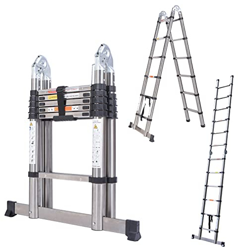 Stainless Steel Extension Ladder 12.5FT/ 3.8M(1.9M+1.9M) A-Frame Folding Industrial Ladders Climbing Stool 12 Steps Stool Telescoping Stepladder