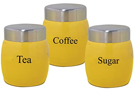 Nobel Set of 3 Stainless Steel Tea Coffee Sugar Canisters,Storage Barrel Style, Rust Resistant,Powder Coated Ideal for Kitchen Storage Coffee Granules, Tea Leaves & Bags & Sugar Cubes (YELLOW)