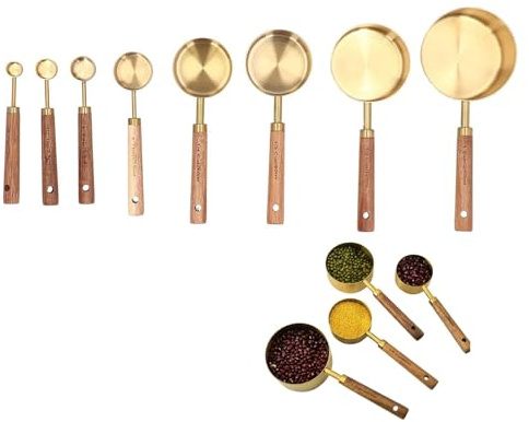 Tazas Medidoras de Cocina, 8 Piezas Cuchara Medidora, Tazas Medidoras Reposteria Acero Inoxidable, Mango de Madera Oro Tazas para Cocinar Hornear