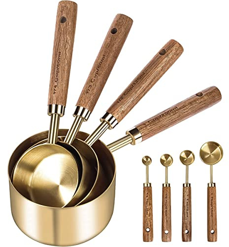 Caffney 8Pcs Gold Measure Cup and Spoon Set with Wooden Handle, Stainless Steel, Stackable Kitchen and Baking Measurement Set