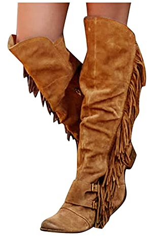 Stivali da donna con frange retrò sopra il ginocchio, stivaletti con tacco alto e basso elasticizzati Stivali lunghi con nappe casual Calzature Stivali da cowgirl Scarponcini da trekking (Brown 40 EU)