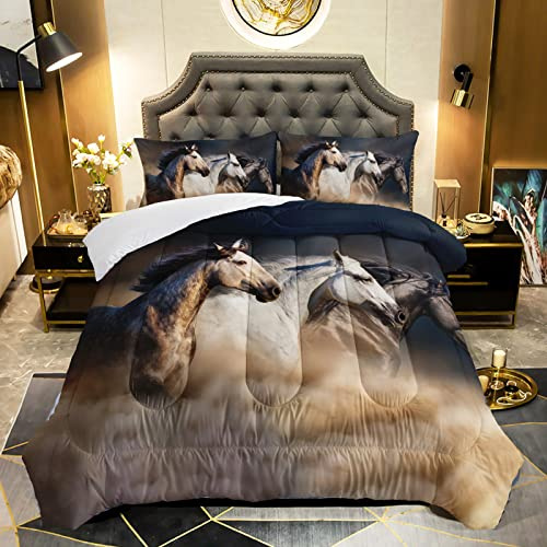 QOOMO Horse Comforter Queen Size,Galloping Horse Comforter Set for Kids Teens Girls Boys,3Pcs Bedding Set Printed Comforter with 2 Pillowcases,Soft and Lightweight，Queen Size
