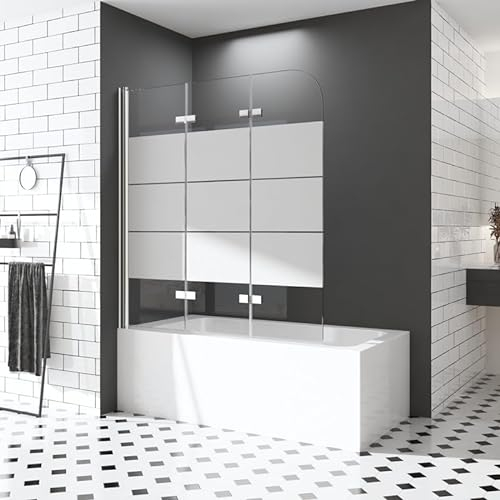 Duschwand für Badewannen 120 x 140 cm 3 teilig faltbar Dekor Querstreifen Duschwand Faltwand Duschabtrennung Sicherheitsglas Nano Glas
