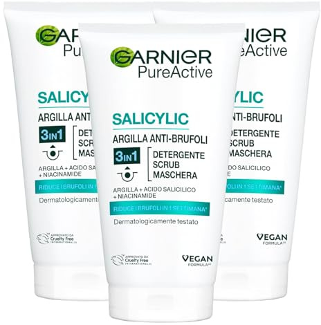 Garnier PureActive Salicylic Tonerde Anti-Unreinheiten 3in1 Reinigung Peeling Maske Klärend Mattierend mit Salicylsäure und Niacinamid Doppelpack - 3 Flaschen à 150ml