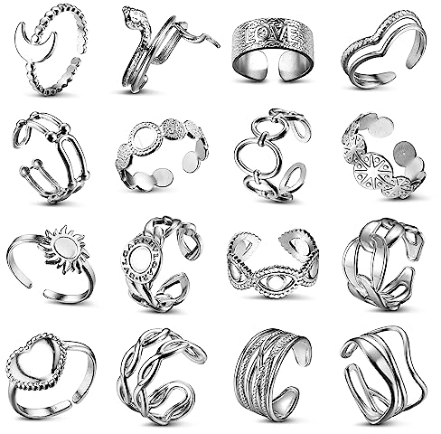 Adramata 16-teiliges Silberring-Set für Damen - Verstellbare, Boho und Punk Ringe mit Blumen, Herz und Schmetterlingsdesign in Edelstahl