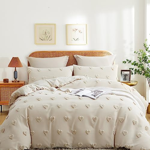 Freyamy Tuftée Parure de lit Style Bohème Housse de Couette 140x200 Broderie à la Main Parure de lit avec Fermeture Éclair Beige Sets de Housse Couette en Microfibre avec Une Taie d'oreiller 65 x 65